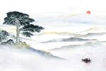 中式高山流水迎客松背景墙
