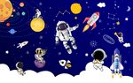卡通星球宇航员儿童房背景墙