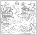 白描古建图 