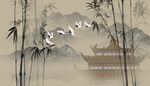 水墨竹子楼阁山水画