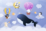 卡通鲸鱼可爱动物热气球云朵背景