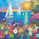 油画帆船和五颜六色的花