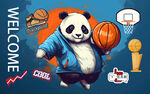 卡通熊猫打篮球系列壁画背景墙