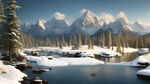 手绘雪松山水风景油画