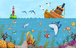 海底世界卡通鲸儿童房背景墙