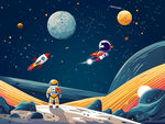 卡通星球宇宙星空儿童房背景墙