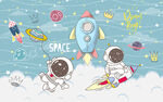 卡通火箭太空人儿童房背景墙