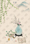 古风中国风花瓶柳叶插画壁纸