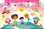 儿童卡通天空气球飞机幼儿园背景