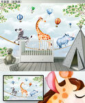 卡通手绘水彩动物儿童房背景墙