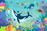梦幻海底世界卡通鲸鱼珊瑚背景墙