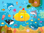卡通潜水艇海洋动物珊瑚海底背景