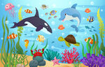 卡通海底动物手绘鲸鱼珊瑚背景墙