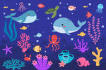 卡通可爱鲸鱼海底珊瑚热带鱼背景