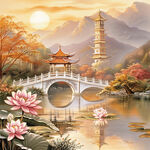 手绘描金亭台楼阁山水