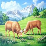 山坡牧牛风景画