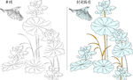 荷花与鸟 矢量图