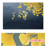 中式手绘花鸟藏蓝色背景墙