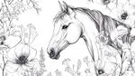 马与花卉的黑白线稿画
