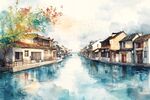 水墨江南水乡诗意风光
