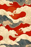 中式海浪祥云红色背景图