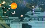 月夜下的古建筑与飞鸟