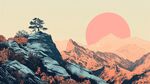 山巅孤松映落日美景