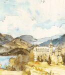 湖畔城堡风景水彩画