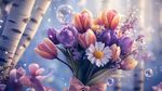 梦幻郁金香花束与泡泡美景