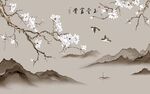 复古玉兰花鸟山水背景墙