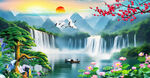迎客松瀑布山水画壁画
