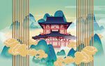 古风楼阁于山水云雾间