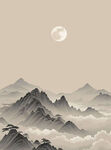 月夜山峦云雾缭绕之景