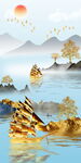 金色山水间风景画玄关图