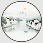 圆形水墨江南水乡装饰画