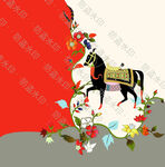 中式骏马花卉装饰图案