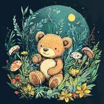 月夜下的小熊与花草蘑菇