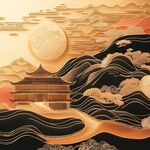 中式山水古建筑剪纸风画面