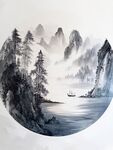 水墨山水间孤舟意境图