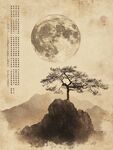 月下孤松绘中式山水意境