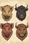 四种野猪头像插画设计
