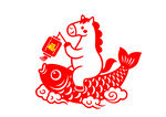 马骑鲤鱼送福剪纸图案