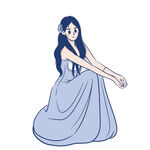 优雅蓝裙女子坐姿插画