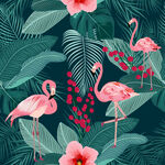 火烈鸟与花卉的热带风情数码印花