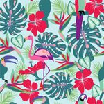 热带植物与飞鸟图案设计数码印花