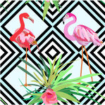 火烈鸟与植物几何图案数码印花