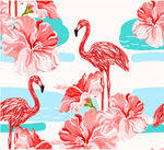 火烈鸟与花卉的清新图案数码印花