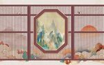 中式屏风上的山水花鸟图景