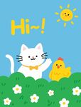 卡通插画猫咪和小鸡