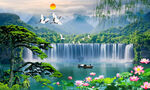 流水生财迎客松山水画